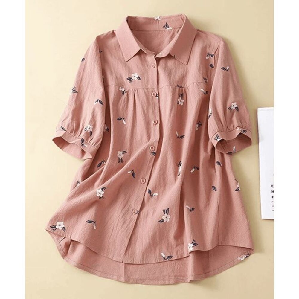 Floral Blooming Pink Floral Button-Up Blouse Hi-Low Hem Short Sleeve M